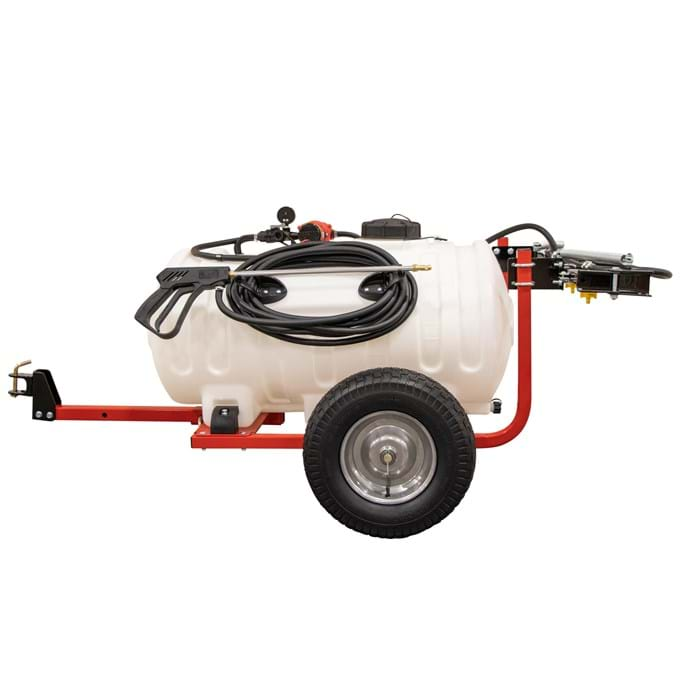 45 Gallon Lawn and Garden Trailer Sprayer with 2.4 GPM pump and 4 Nozzle Boom - Draw Bar & Blanket Harrow